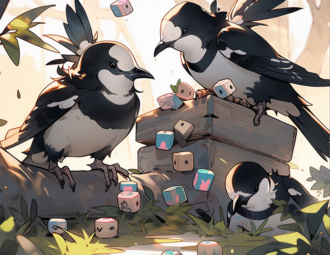 family of magpies playing board games and interacting nicely with each other.