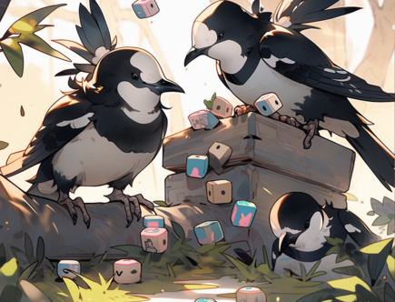 family of magpies playing board games and interacting nicely with each other.