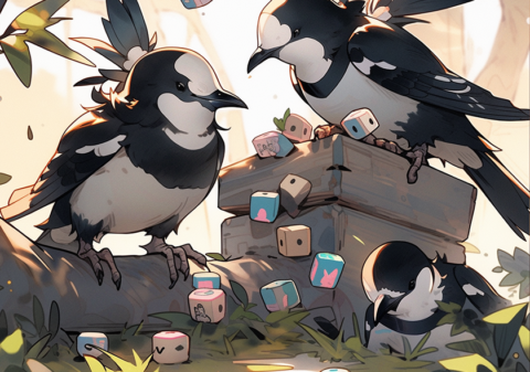 family of magpies playing board games and interacting nicely with each other.