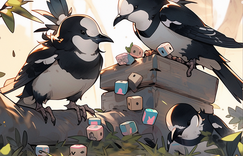 family of magpies playing board games and interacting nicely with each other.